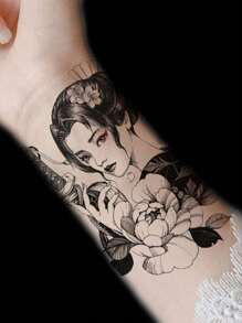 1張牡丹和持劍藝妓半臂大型暫時性紋身貼紙 - 黑色 - 查看 1