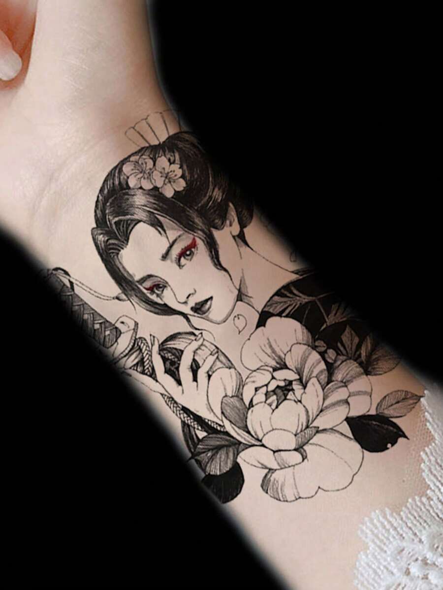 1張牡丹和持劍藝妓半臂大型暫時性紋身貼紙 - 黑色 - 查看 1