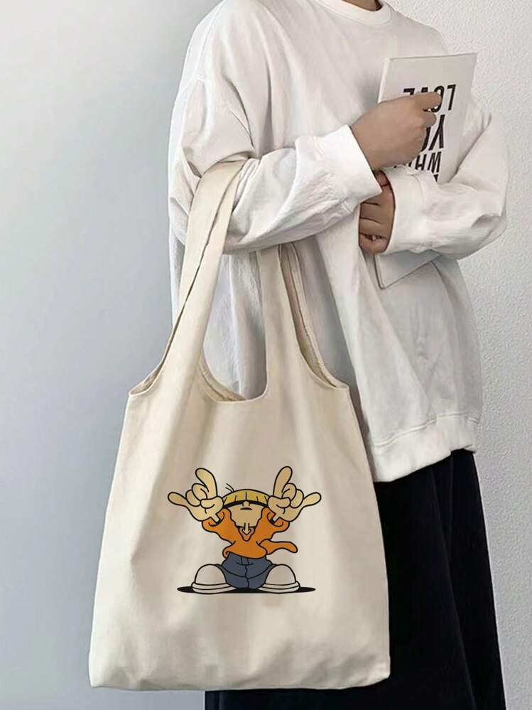 תיק כתף מודפס אופנה מצויירת, תיק בד עם ידיות לנשים, תיק מזדמן, אידיאלי לגברת משרד, קניות, בית ספר, פעילויות חוצות ומתנות - בז' - ראה 1