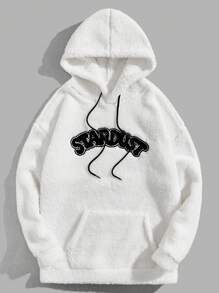 Aesthetic Post 男式寬鬆貼身熊毛連帽衫,字母刺繡,袋鼠口袋和束帶 - 白色 - 查看 1