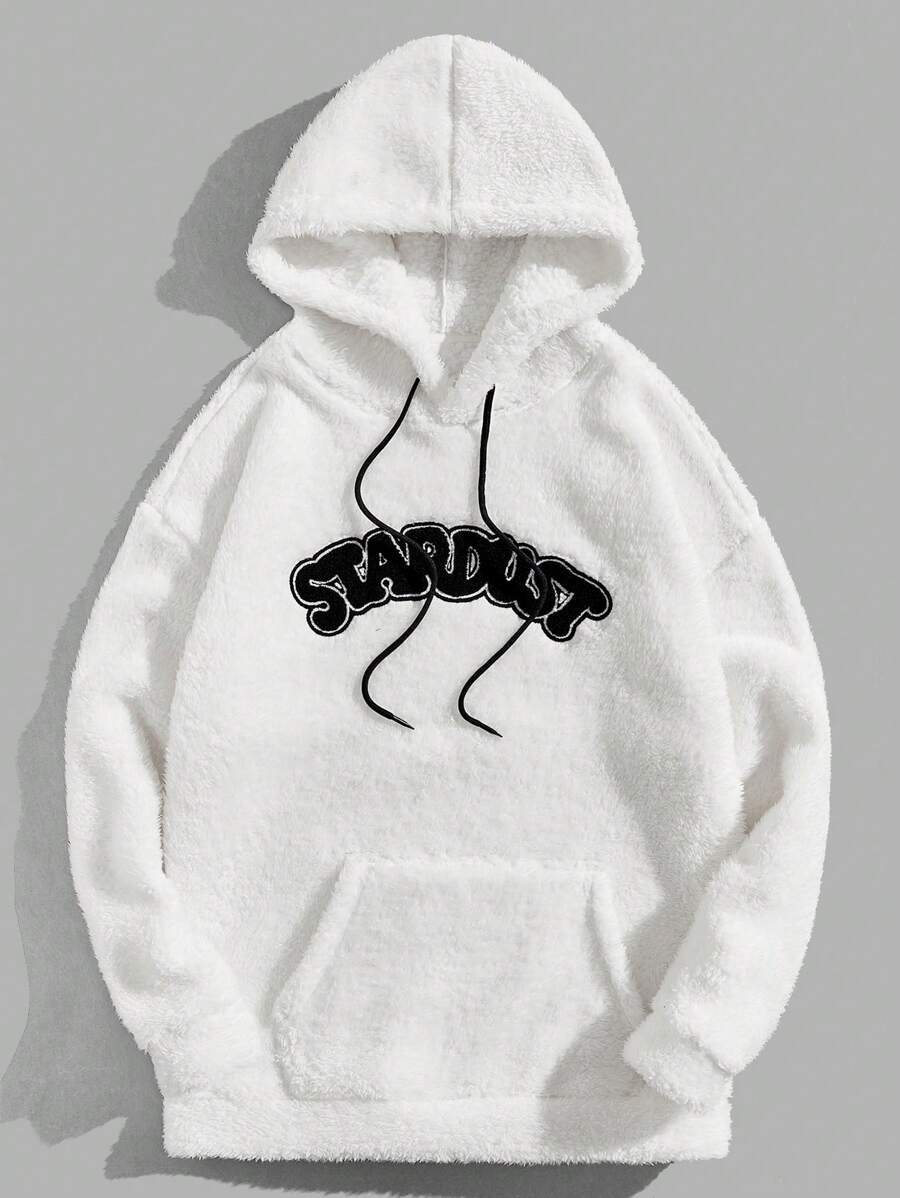 Aesthetic Post 男式寬鬆貼身熊毛連帽衫,字母刺繡,袋鼠口袋和束帶 - 白色 - 查看 1