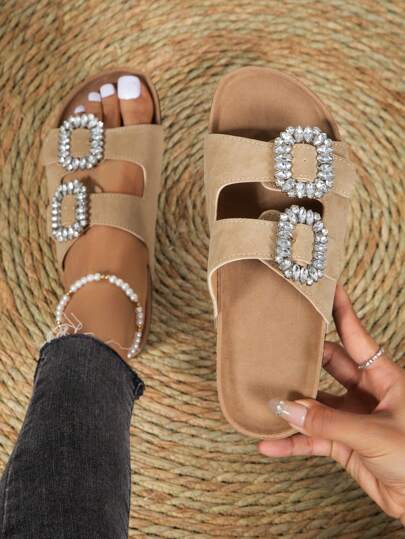 صنادل بديكور حجر الراين جلد سويدي الاصطناعي براقة نساء