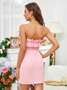 SHEIN Privé Vestido tubo unicolor ribete con fruncido con cremallera trasera - Rosa - Ver 2
