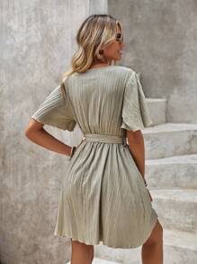 SHEIN LUNE 素色腰帶A字連衣裙 - 杏色 - 查看 2