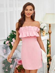SHEIN Privé Vestido tubo unicolor ribete con fruncido con cremallera trasera - Rosa - Ver 4