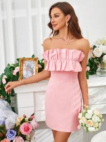 SHEIN Privé Vestido tubo unicolor ribete con fruncido con cremallera trasera - Rosa - Ver 6