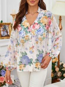 GENKIRA Floral Print Lantern Sleeve Blouse - Multicolor - View 3