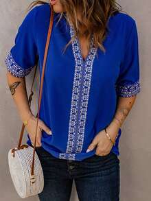 CILKOO Geo Print Notched Neckline Batwing Sleeve Blouse