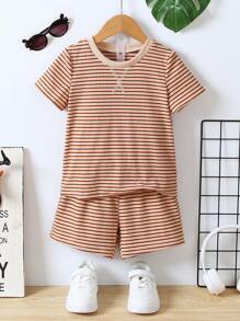 SHEIN Toddler Boys Striped Print Tee & Shorts - Khaki - View 1