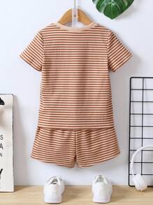 SHEIN Toddler Boys Striped Print Tee & Shorts - Khaki - View 2