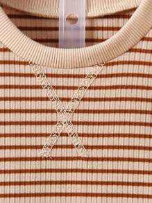 SHEIN Toddler Boys Striped Print Tee & Shorts - Khaki - View 6