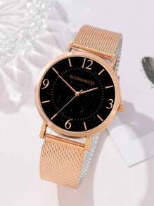 1入組女性玫瑰金PVC帶時尚圓形錶盤石英表和1入組適用於日常生活 - 玫瑰金 - 查看 2