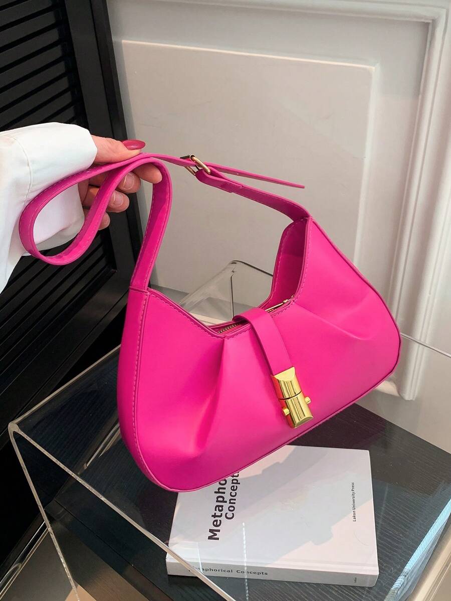 Push Lock Hobo Bag Chi tiết xếp nếp Màu hồng neon PU Funky - Màu Hồng Tươi - Xem 1