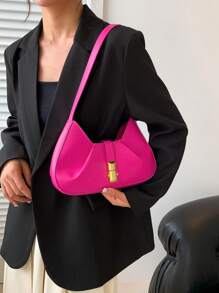 Push Lock Hobo Bag Chi tiết xếp nếp Màu hồng neon PU Funky - Màu Hồng Tươi - Xem 2