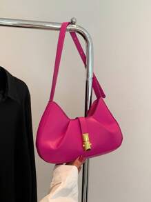 Push Lock Hobo Bag Chi tiết xếp nếp Màu hồng neon PU Funky - Màu Hồng Tươi - Xem 4