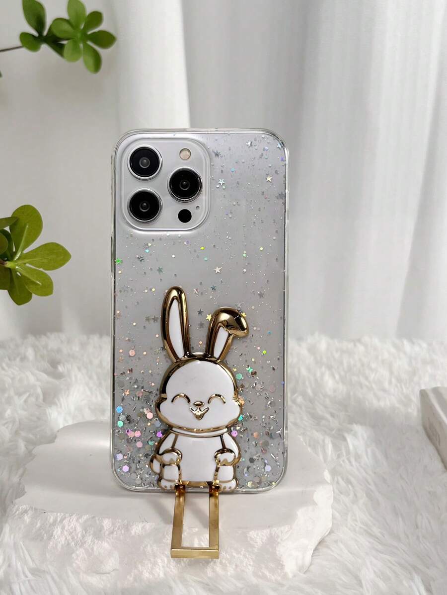1隻白色兔狀閃亮星星及閃粉手機殼,可伸縮支架,防掉落,適用於iphone和android - 白色 - 查看 1