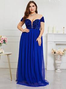 Vestido formal de encaje con hombros descubiertos y detalles de lentejuelas en contraste, elegante vestido para fiesta de graduación, cena o boda - azul real - Ver 1
