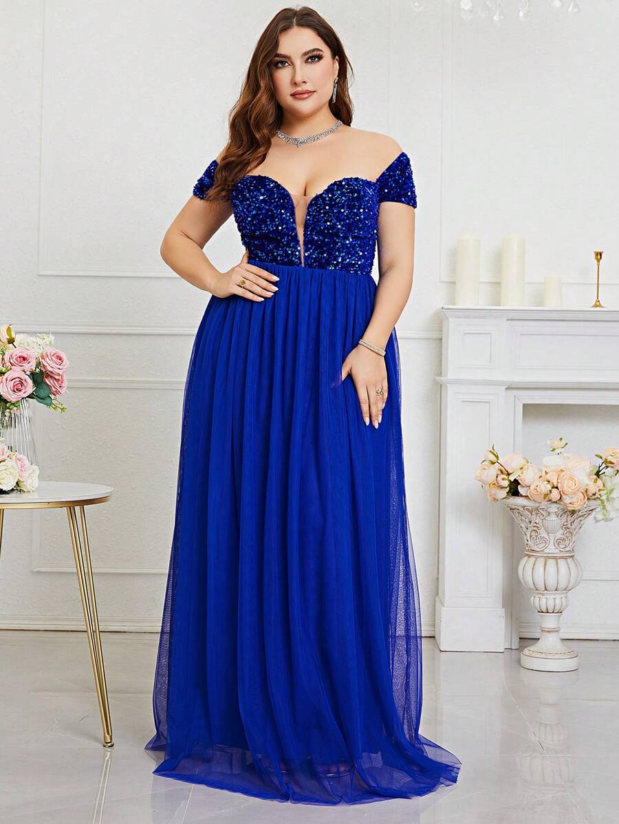 Vestido formal de encaje con hombros descubiertos y detalles de lentejuelas en contraste, elegante vestido para fiesta de graduación, cena o boda - azul real - Ver 1