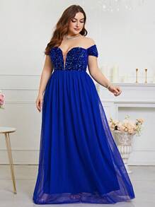 Vestido formal de encaje con hombros descubiertos y detalles de lentejuelas en contraste, elegante vestido para fiesta de graduación, cena o boda - azul real - Ver 3
