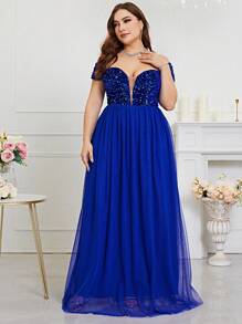 Vestido formal de encaje con hombros descubiertos y detalles de lentejuelas en contraste, elegante vestido para fiesta de graduación, cena o boda - azul real - Ver 4