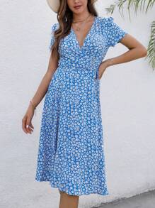 Ditsy Floral Print Surplice Neck Dress - Blue - View 1