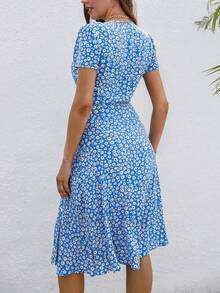 Ditsy Floral Print Surplice Neck Dress - Blue - View 2