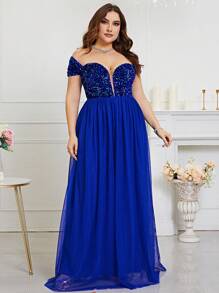 Vestido formal de encaje con hombros descubiertos y detalles de lentejuelas en contraste, elegante vestido para fiesta de graduación, cena o boda - azul real - Ver 6