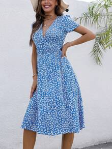 Ditsy Floral Print Surplice Neck Dress - Blue - View 3