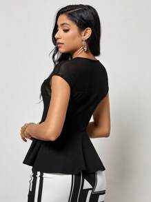 SHEIN Clasi Contrast Mesh Peplum Hem Tee - Black - View 2