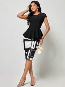 SHEIN Clasi Contrast Mesh Peplum Hem Tee - Black - View 5