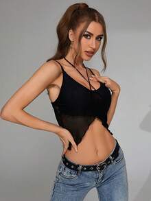 十字交叉後綁帶吊帶上衣 - 黑色 - 查看 6