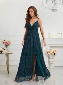 Split Thigh Glitter Cami Dress - Dark Green - View 4