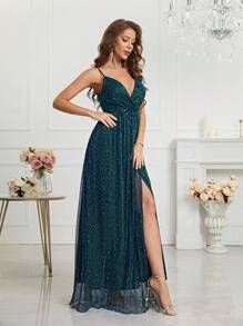 Split Thigh Glitter Cami Dress - Dark Green - View 6