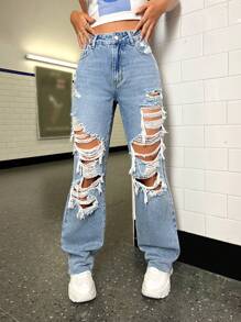 SHEIN ICON Quần jean nữ Túi Bị tách Dây kéo màu trơn - Rửa nhẹ - Xem 3