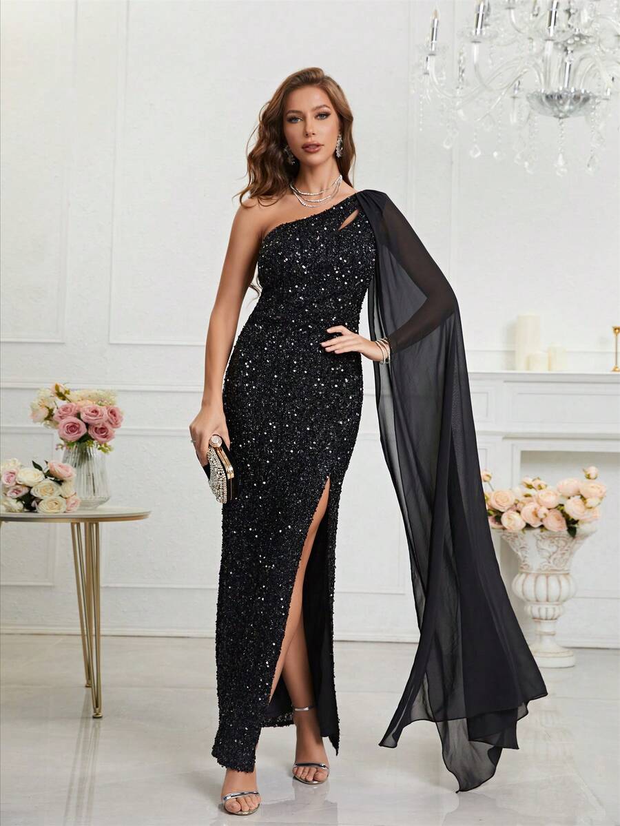 One Shoulder Split Thigh Sequin Formal Dress - Black - View 1