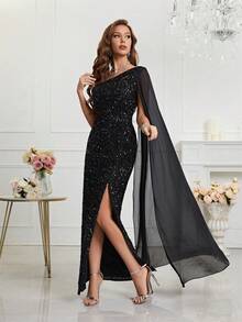 One Shoulder Split Thigh Sequin Formal Dress - Black - View 5