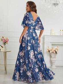 印花蝴蝶袖繫腰帶連衣裙 - 水鴨藍 - 查看 2