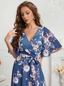 印花蝴蝶袖繫腰帶連衣裙 - 水鴨藍 - 查看 4