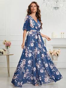 印花蝴蝶袖繫腰帶連衣裙 - 水鴨藍 - 查看 5