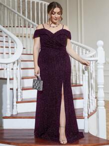 Plus Cold Shoulder Split Thigh Sequin Formal Dress