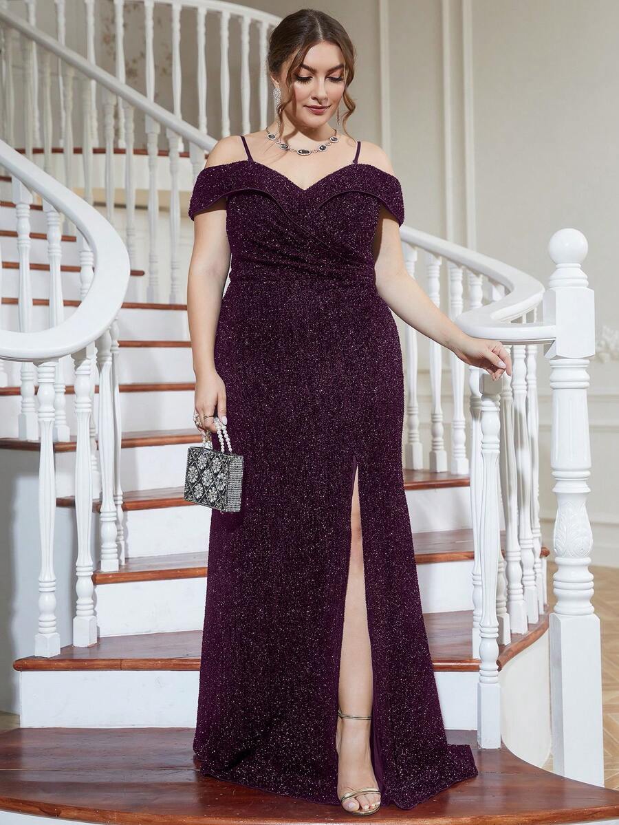 Plus Cold Shoulder Split Thigh Sequin Formal Dress