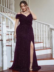 Plus Cold Shoulder Split Thigh Sequin Formal Dress