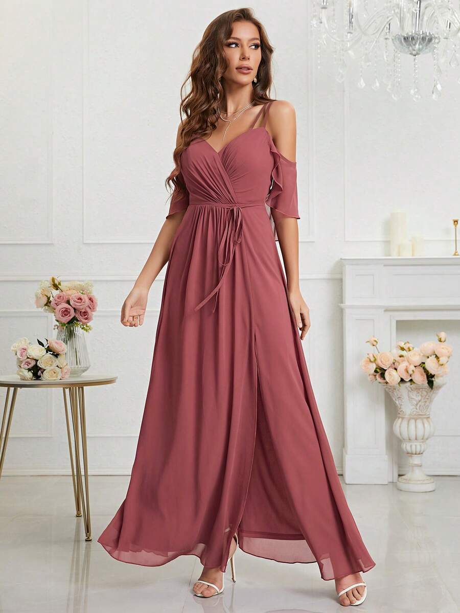 挖肩圍裹下擺雪紡伴娘連衣裙 - 紅木色 - 查看 1