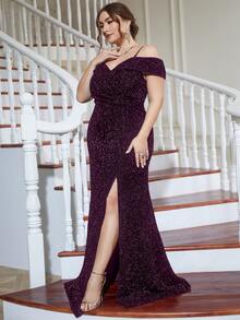 Plus Cold Shoulder Split Thigh Sequin Formal Dress