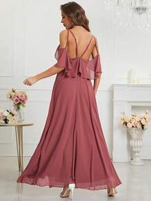 挖肩圍裹下擺雪紡伴娘連衣裙 - 紅木色 - 查看 2