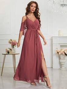 挖肩圍裹下擺雪紡伴娘連衣裙 - 紅木色 - 查看 4