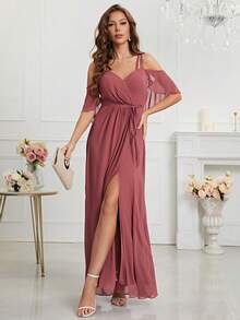 挖肩圍裹下擺雪紡伴娘連衣裙 - 紅木色 - 查看 6