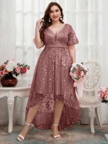 UNITHORSE Plus Contrast Mesh High Low Hem Embroidery Bridesmaid Dress Elegant Dress - Dusty Pink - View 2