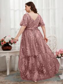 UNITHORSE Plus Contrast Mesh High Low Hem Embroidery Bridesmaid Dress Elegant Dress - Dusty Pink - View 3
