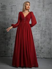 Lantern Sleeve Ruched Chiffon Bridesmaid Dress - Burgundy - View 1